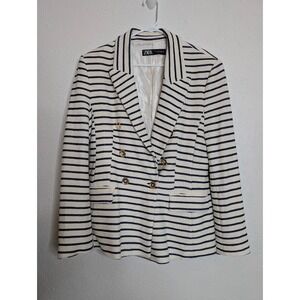 ZARA Womens Striped Double Breasted Blazer Jacket Women's XL Work Career Blogger